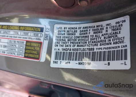 2007 Honda Civic Lx from USA, damaged, VIN 1HGFA16597L007989